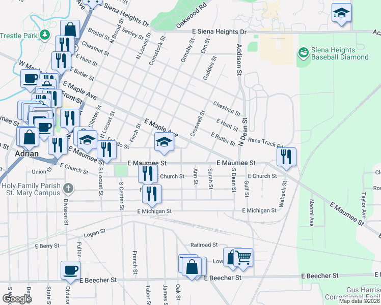 map of restaurants, bars, coffee shops, grocery stores, and more near 917 Croswell Street in Adrian