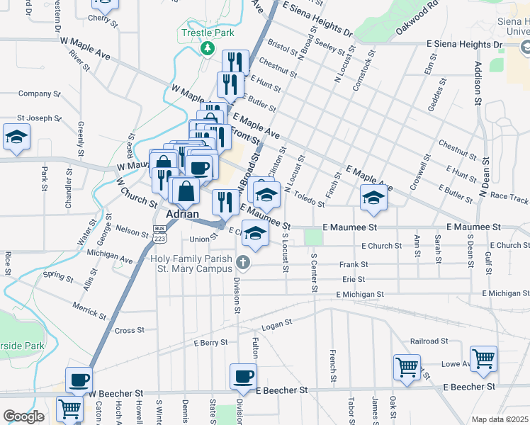 map of restaurants, bars, coffee shops, grocery stores, and more near 131 North Locust Street in Adrian