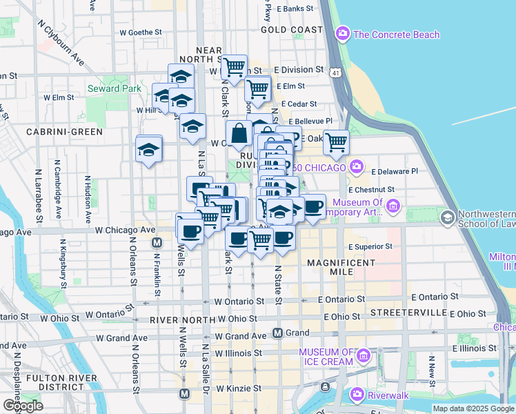 map of restaurants, bars, coffee shops, grocery stores, and more near 55 West Chestnut Street in Chicago