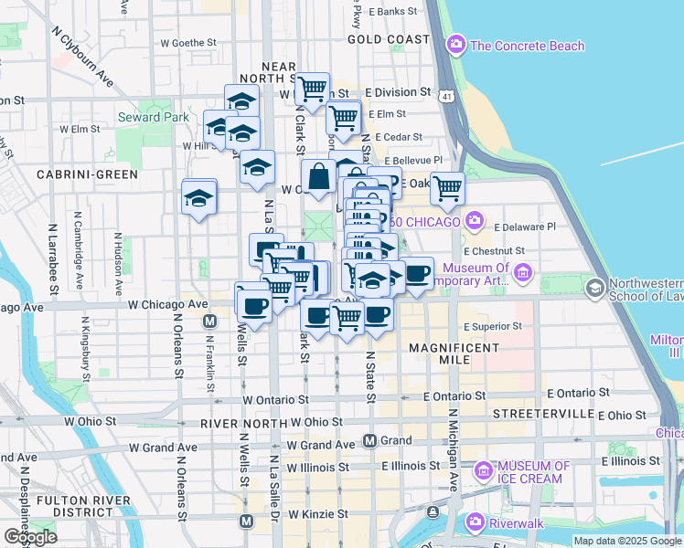map of restaurants, bars, coffee shops, grocery stores, and more near 55 West Chestnut Street in Chicago