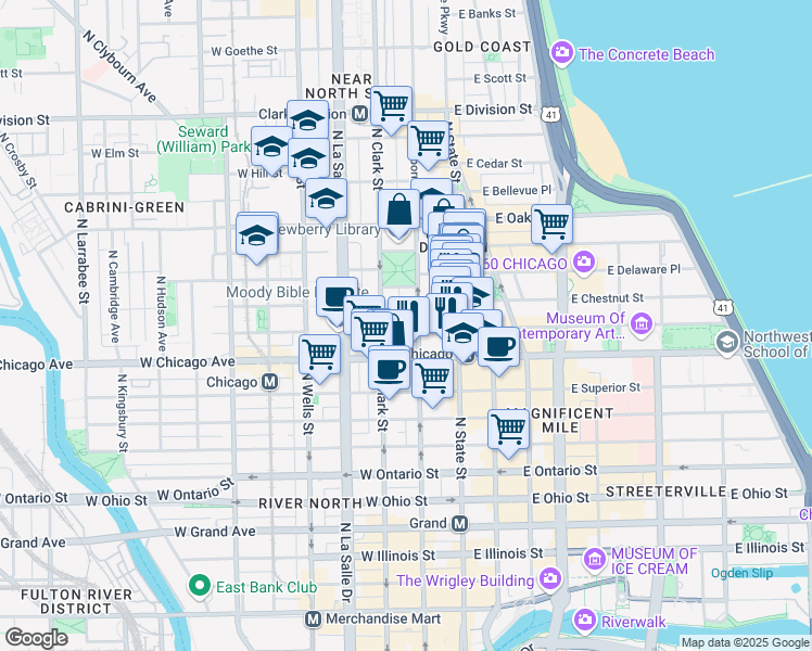 map of restaurants, bars, coffee shops, grocery stores, and more near 55 West Chestnut Street in Chicago