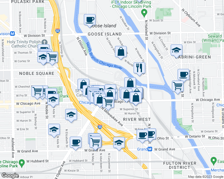 map of restaurants, bars, coffee shops, grocery stores, and more near 860 North Sangamon Street in Chicago