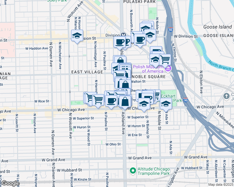 map of restaurants, bars, coffee shops, grocery stores, and more near 902 North Ashland Avenue in Chicago