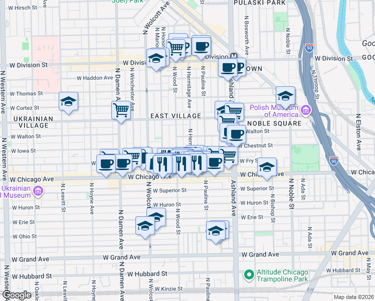 map of restaurants, bars, coffee shops, grocery stores, and more near 903 North Wood Street in Chicago