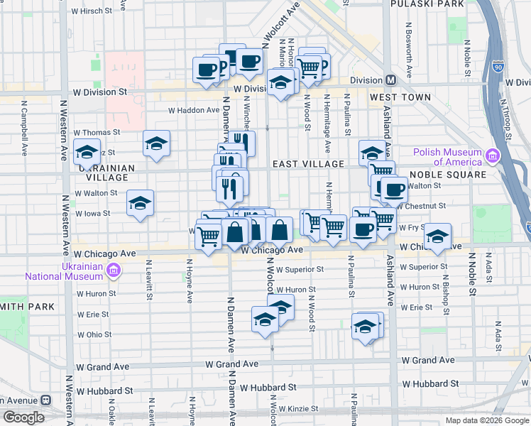 map of restaurants, bars, coffee shops, grocery stores, and more near 902 North Wolcott Avenue in Chicago