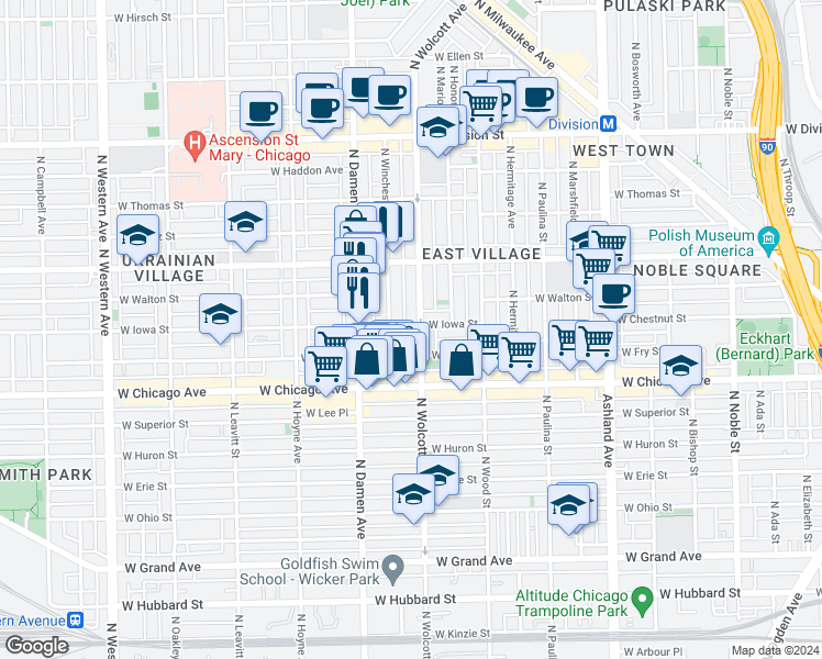 map of restaurants, bars, coffee shops, grocery stores, and more near 904 North Wolcott Avenue in Chicago