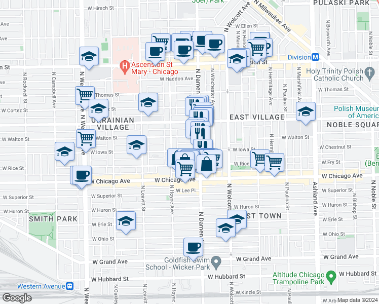 map of restaurants, bars, coffee shops, grocery stores, and more near 2024 West Iowa Street in Chicago