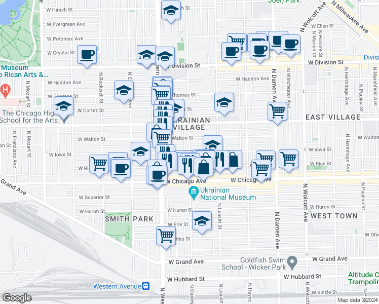 map of restaurants, bars, coffee shops, grocery stores, and more near W Iowa St & N Oakley Blvd in Chicago