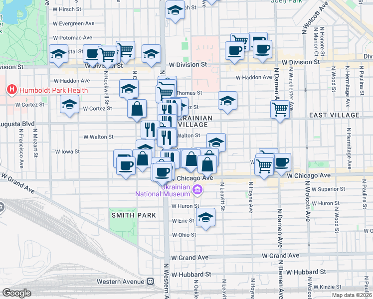 map of restaurants, bars, coffee shops, grocery stores, and more near 2324 West Iowa Street in Chicago
