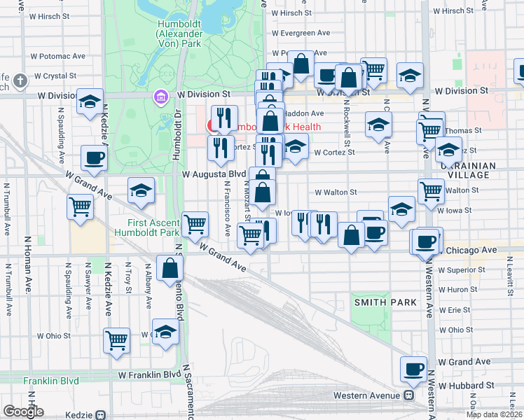 map of restaurants, bars, coffee shops, grocery stores, and more near 879 North Mozart Street in Chicago