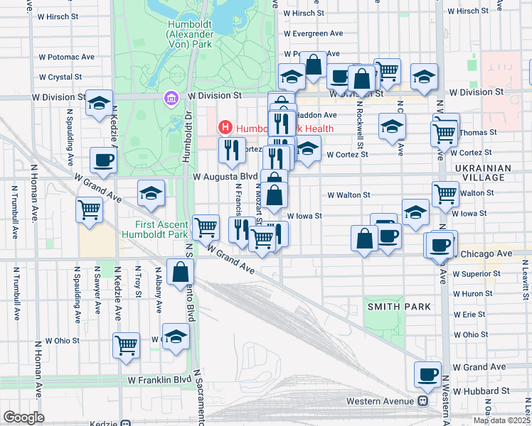 map of restaurants, bars, coffee shops, grocery stores, and more near 879 North Mozart Street in Chicago