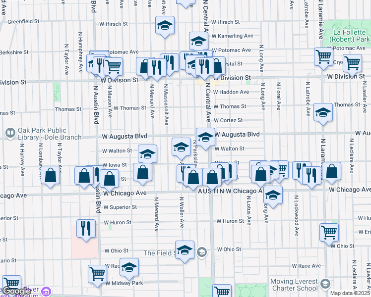 map of restaurants, bars, coffee shops, grocery stores, and more near 944 North Waller Avenue in Chicago