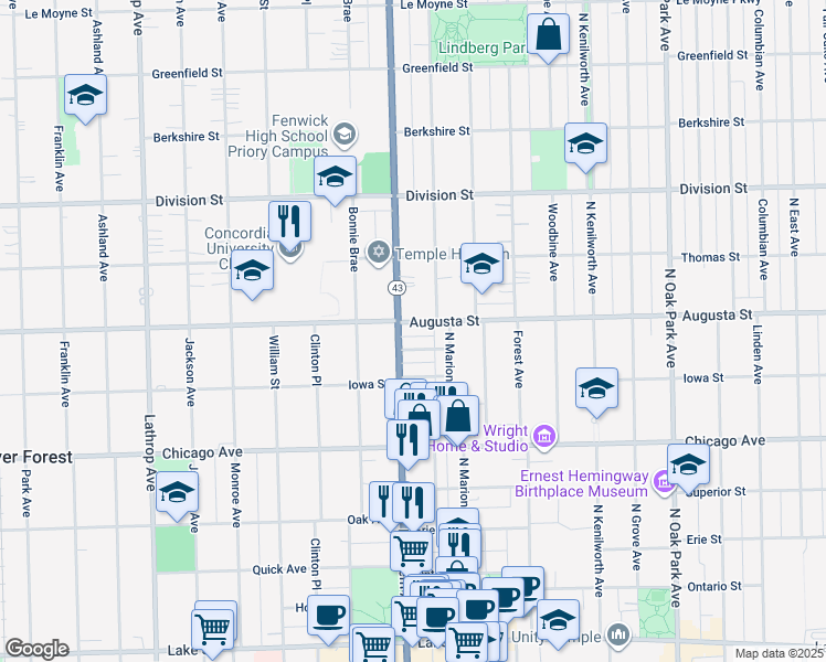 map of restaurants, bars, coffee shops, grocery stores, and more near in River Forest