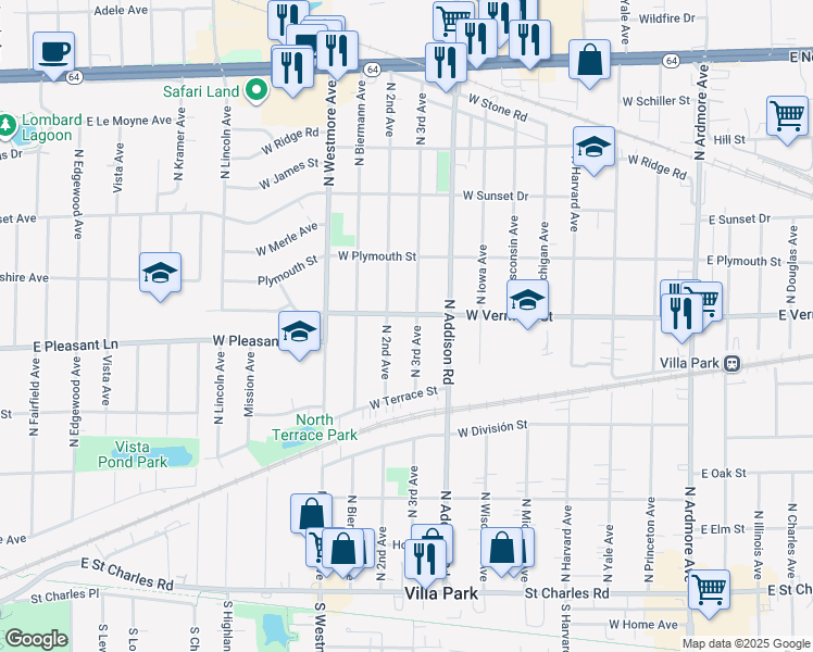 map of restaurants, bars, coffee shops, grocery stores, and more near 426 North 3rd Avenue in Villa Park