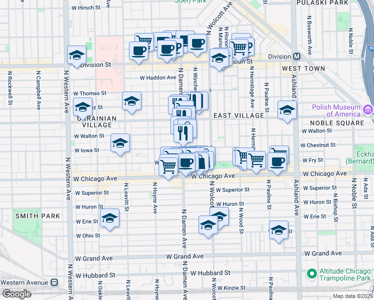 map of restaurants, bars, coffee shops, grocery stores, and more near 859 North Damen Avenue in Chicago