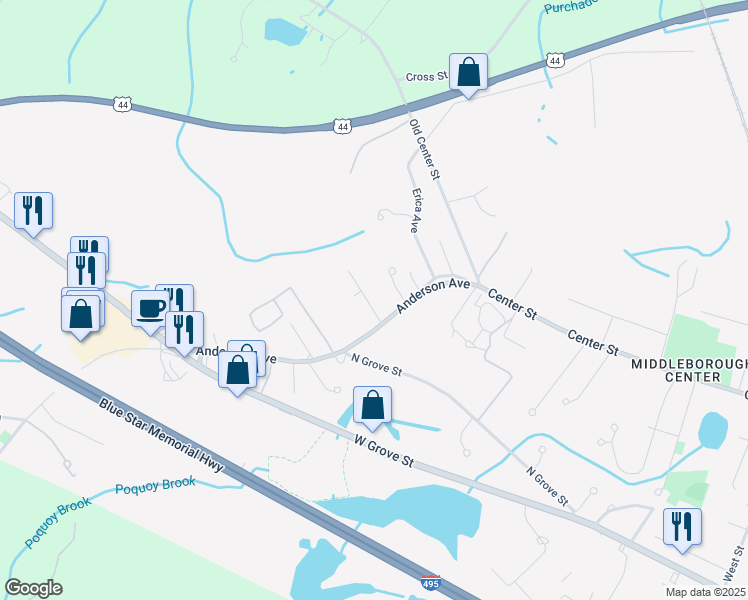 map of restaurants, bars, coffee shops, grocery stores, and more near 8 Marie Drive in Middleborough