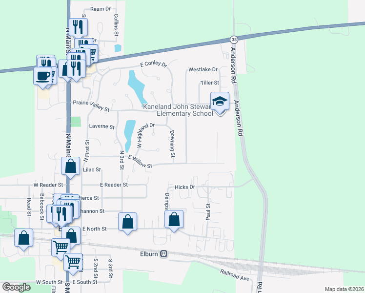 map of restaurants, bars, coffee shops, grocery stores, and more near 632 Ridge Drive in Elburn