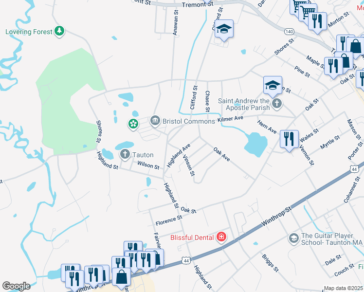 map of restaurants, bars, coffee shops, grocery stores, and more near 55 Highland Avenue in Taunton
