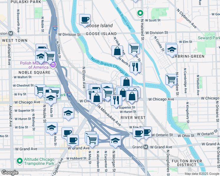 map of restaurants, bars, coffee shops, grocery stores, and more near 860 North Sangamon Street in Chicago