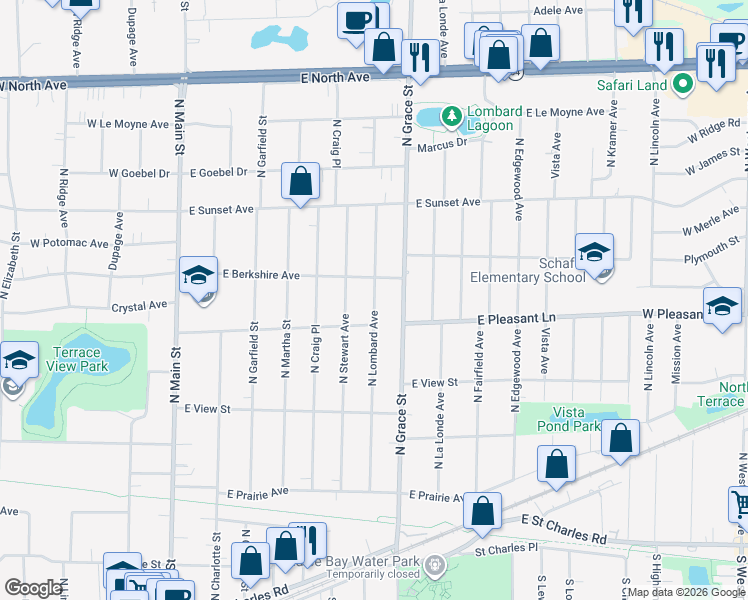 map of restaurants, bars, coffee shops, grocery stores, and more near North Lombard Avenue in Lombard