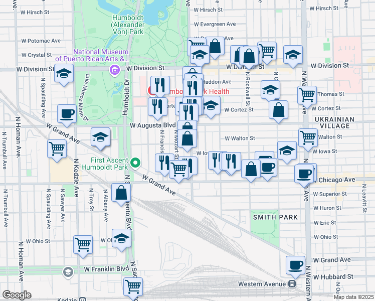 map of restaurants, bars, coffee shops, grocery stores, and more near 879 North Mozart Street in Chicago
