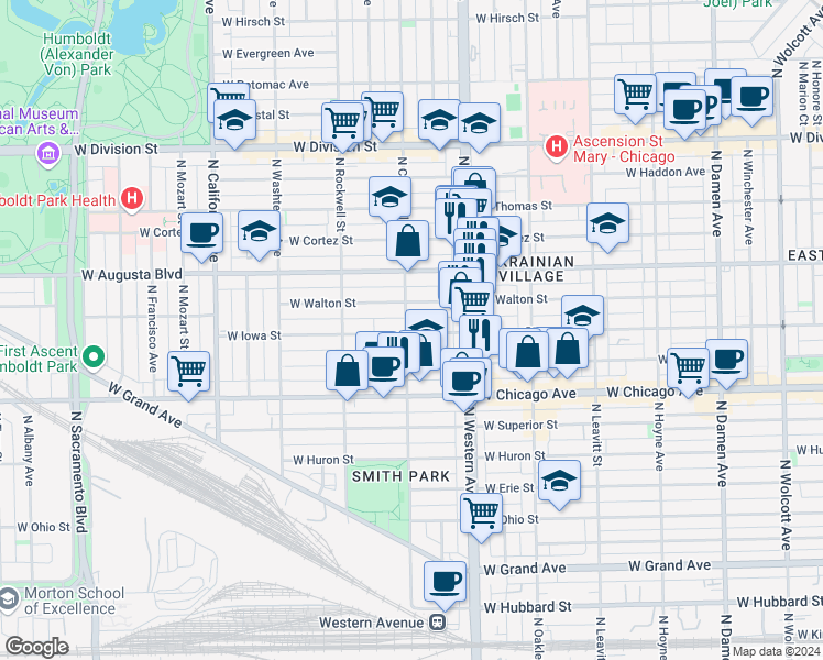 map of restaurants, bars, coffee shops, grocery stores, and more near 901 North Campbell Avenue in Chicago
