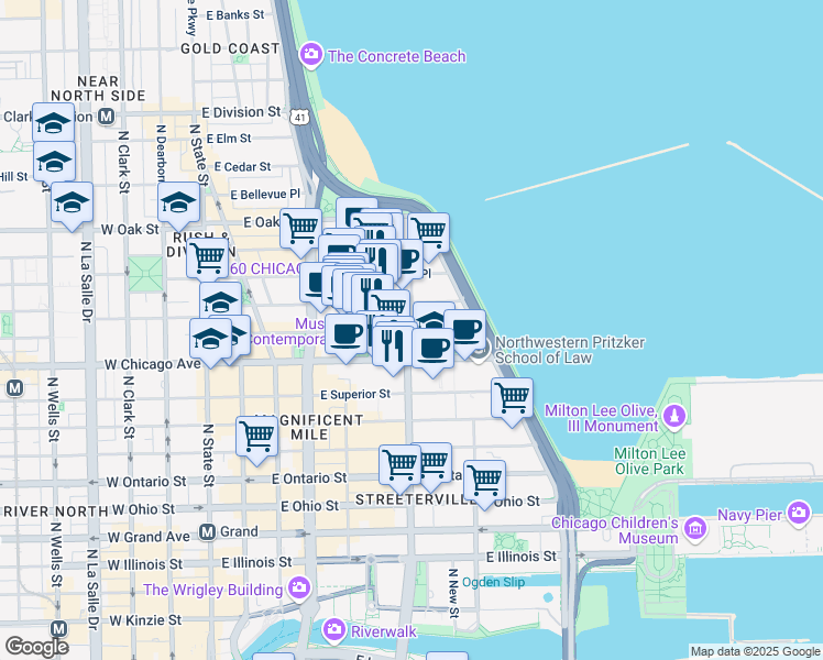 map of restaurants, bars, coffee shops, grocery stores, and more near 240 E Pearson St in Chicago