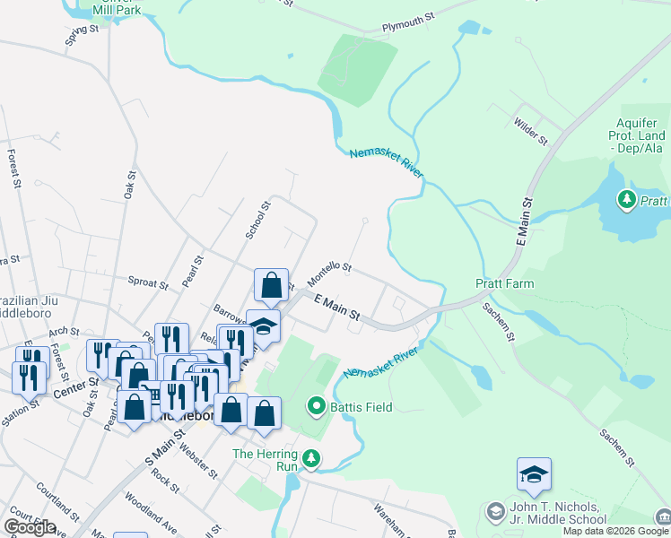 map of restaurants, bars, coffee shops, grocery stores, and more near 22 Montello Street in Middleborough