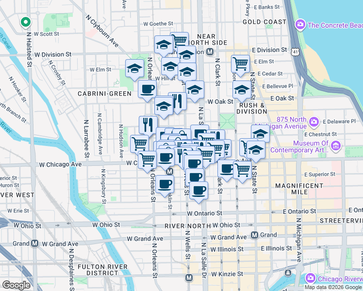 map of restaurants, bars, coffee shops, grocery stores, and more near 820 North Wells Street in Chicago