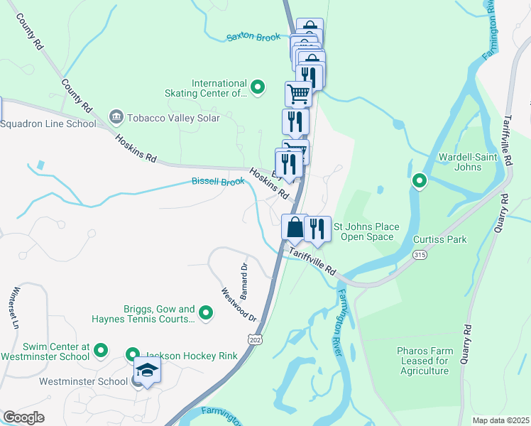 map of restaurants, bars, coffee shops, grocery stores, and more near 1 Hoskins Road in Simsbury