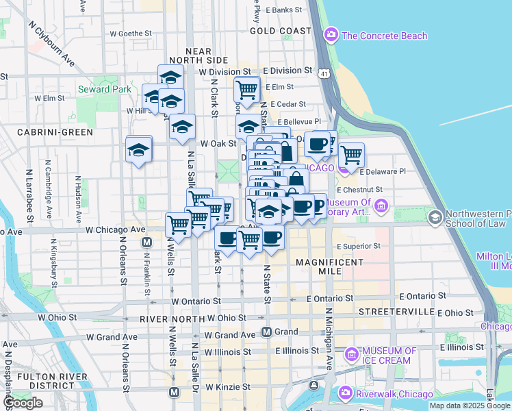 map of restaurants, bars, coffee shops, grocery stores, and more near 21 West Chestnut Street in Chicago