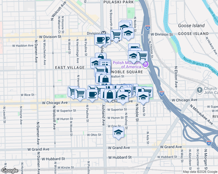 map of restaurants, bars, coffee shops, grocery stores, and more near 1530 West Chestnut Street in Chicago