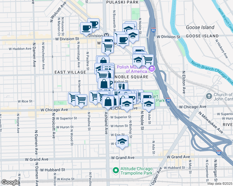 map of restaurants, bars, coffee shops, grocery stores, and more near 1527 West Chestnut Street in Chicago