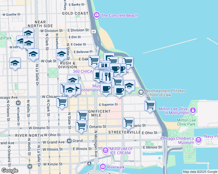 map of restaurants, bars, coffee shops, grocery stores, and more near 811 North Michigan Avenue in Chicago