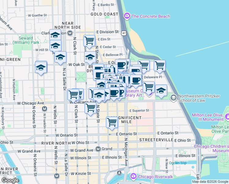 map of restaurants, bars, coffee shops, grocery stores, and more near 835 North Rush Street in Chicago