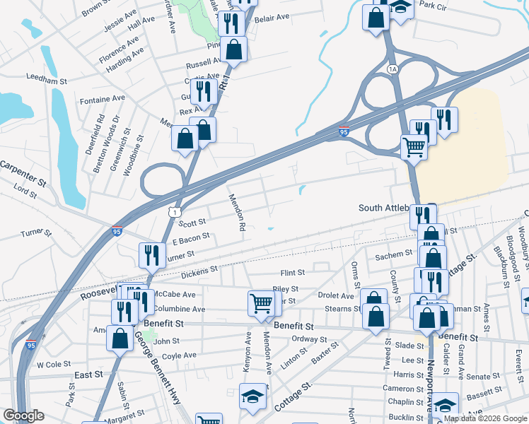 map of restaurants, bars, coffee shops, grocery stores, and more near 128 Scott Street in Attleboro