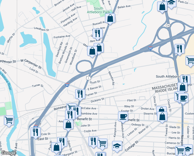 map of restaurants, bars, coffee shops, grocery stores, and more near 30 Collins Street in Attleboro