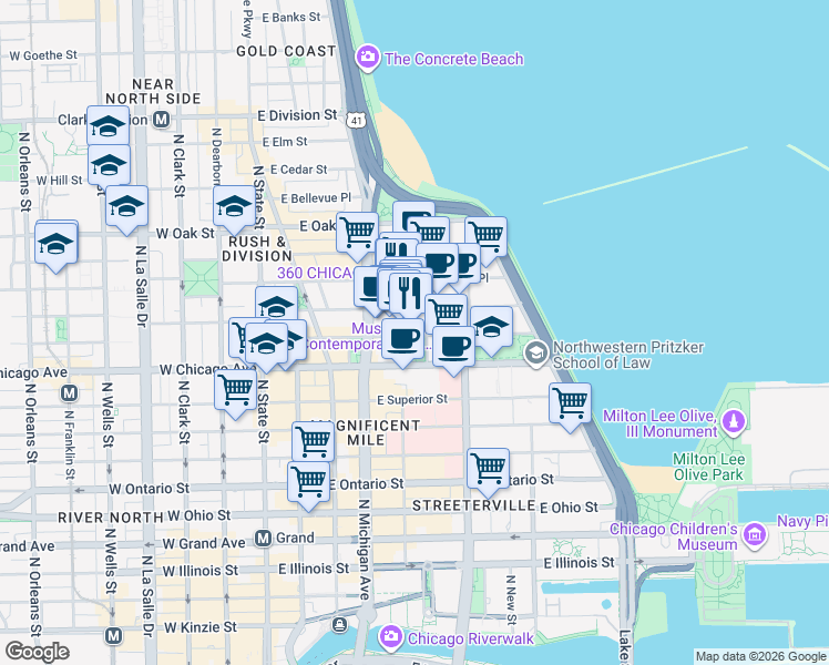 map of restaurants, bars, coffee shops, grocery stores, and more near 811 North Michigan Avenue in Chicago