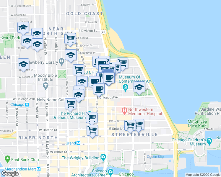map of restaurants, bars, coffee shops, grocery stores, and more near 830 North Michigan Avenue in Chicago