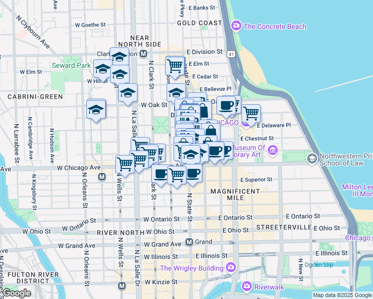 map of restaurants, bars, coffee shops, grocery stores, and more near 844 North State Street in Chicago