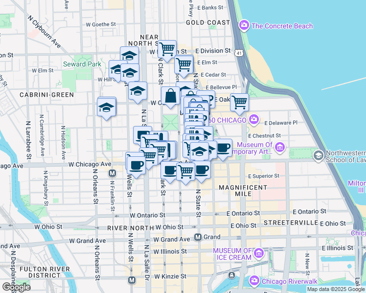 map of restaurants, bars, coffee shops, grocery stores, and more near 55 West Chestnut Street in Chicago