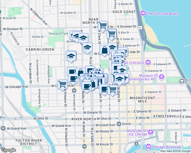 map of restaurants, bars, coffee shops, grocery stores, and more near 103 West Chestnut Street in Chicago