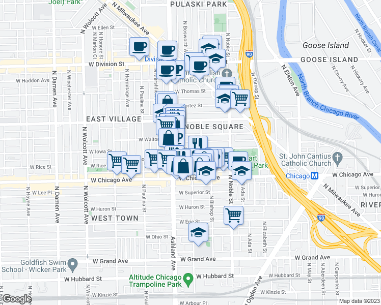 map of restaurants, bars, coffee shops, grocery stores, and more near 1530 West Chestnut Street in Chicago