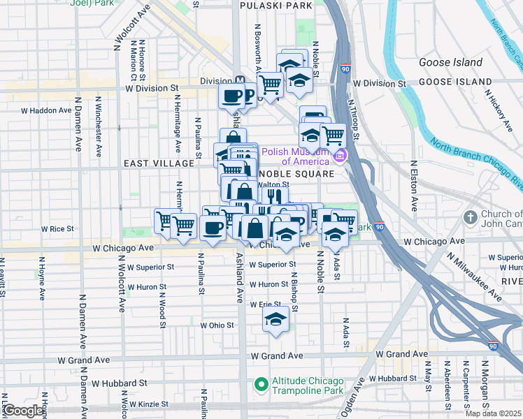 map of restaurants, bars, coffee shops, grocery stores, and more near 1530 West Chestnut Street in Chicago