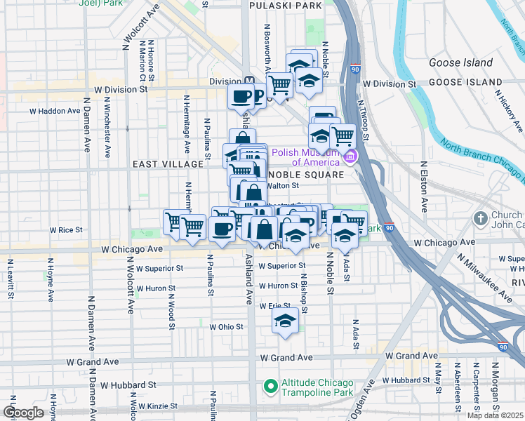 map of restaurants, bars, coffee shops, grocery stores, and more near 1530 West Chestnut Street in Chicago