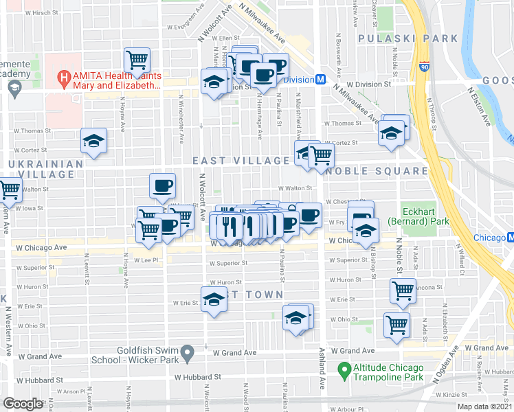 map of restaurants, bars, coffee shops, grocery stores, and more near 903 North Wood Street in Chicago