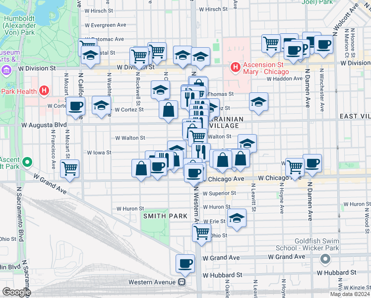 map of restaurants, bars, coffee shops, grocery stores, and more near 2440 West Iowa Street in Chicago