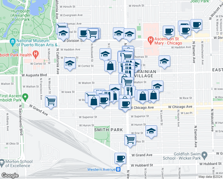 map of restaurants, bars, coffee shops, grocery stores, and more near 2440 West Iowa Street in Chicago