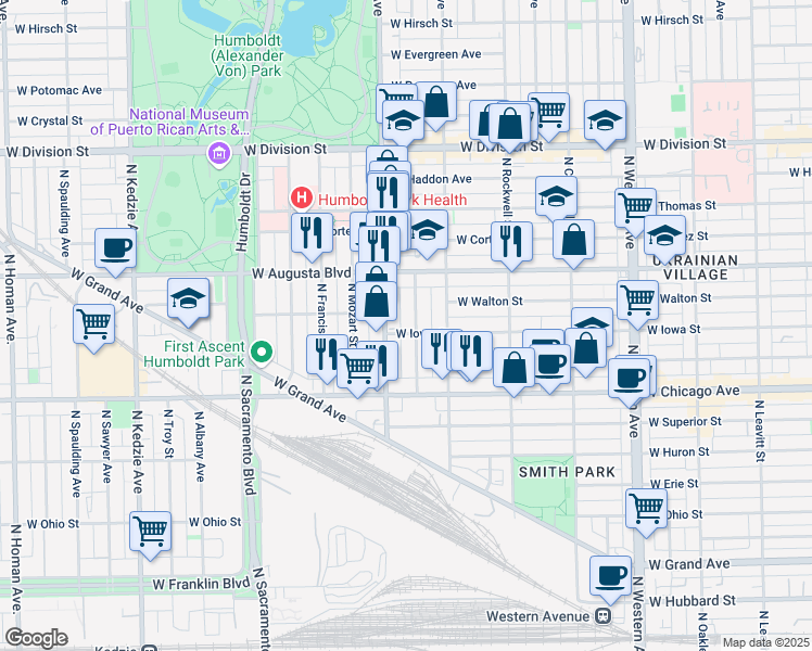 map of restaurants, bars, coffee shops, grocery stores, and more near 914 North Fairfield Avenue in Chicago