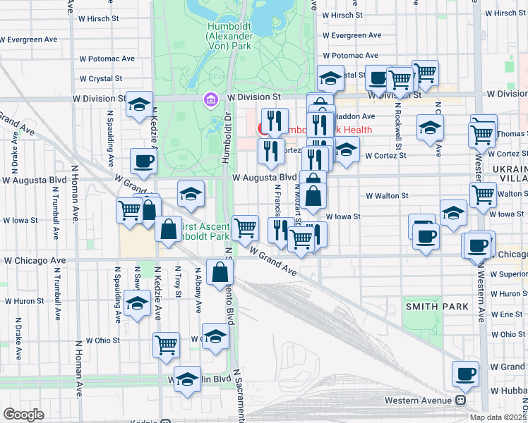 map of restaurants, bars, coffee shops, grocery stores, and more near 880 North Richmond Street in Chicago